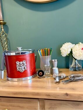 Vintage MCM Ice Bucket Bar Set Red Faux Leather w/ Tools Vegas Glam